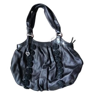 New Brighton Black Leather Shoulder Bag Roses Floral Trim - Large Tote